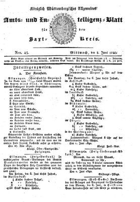 Allgemeines Amts- und Intelligenz-Blatt für den Jaxt-Kreis Mittwoch 3. Juni 1840