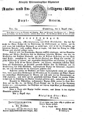 Allgemeines Amts- und Intelligenz-Blatt für den Jaxt-Kreis Samstag 8. August 1840