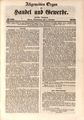Allgemeines Organ für Handel und Gewerbe und damit verwandte Gegenstände Donnerstag 1. Oktober 1846