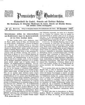 Preußisches Handels-Archiv Freitag 20. November 1857