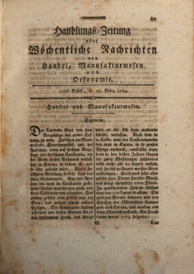 Handlungszeitung oder wöchentliche Nachrichten von Handel, Manufakturwesen, Künsten und neuen Erfindungen Samstag 27. März 1784
