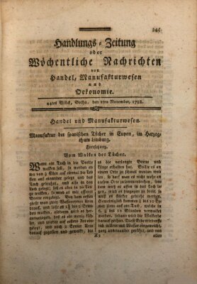Handlungszeitung oder wöchentliche Nachrichten von Handel, Manufakturwesen, Künsten und neuen Erfindungen Samstag 1. November 1788