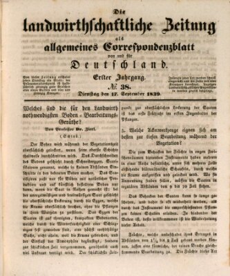 Die landwirthschaftliche Zeitung als allgemeines Correspondenzblatt von und für Deutschland Dienstag 17. September 1839