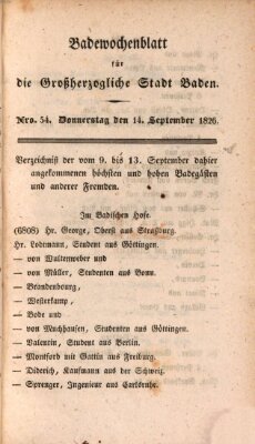Badewochenblatt für die großherzogliche Stadt Baden Donnerstag 14. September 1826