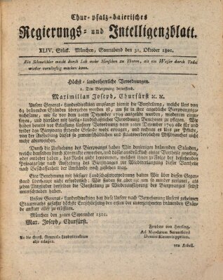 Chur-pfalz-baierisches Regierungs- und Intelligenz-Blatt (Münchner Intelligenzblatt) Samstag 31. Oktober 1801