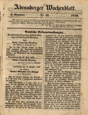 Abensberger Wochenblatt Sonntag 9. Dezember 1849