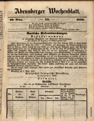 Abensberger Wochenblatt Sonntag 10. März 1850