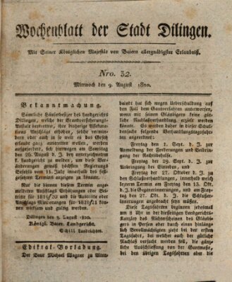 Wochenblatt der Stadt Dillingen Mittwoch 9. August 1820
