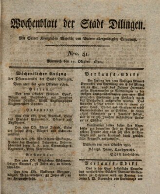 Wochenblatt der Stadt Dillingen Mittwoch 11. Oktober 1820