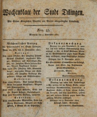 Wochenblatt der Stadt Dillingen Mittwoch 7. November 1821