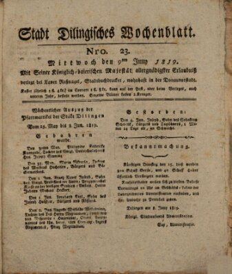 Wochenblatt der Stadt Dillingen Mittwoch 9. Juni 1819