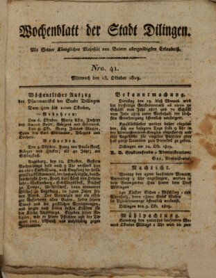 Wochenblatt der Stadt Dillingen Mittwoch 13. Oktober 1819