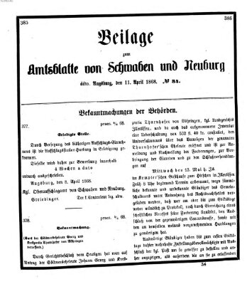 Königlich Bayerisches Kreis-Amtsblatt von Schwaben und Neuburg Samstag 11. April 1868