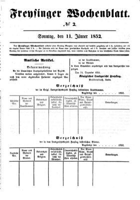 Freisinger Wochenblatt Sonntag 11. Januar 1852