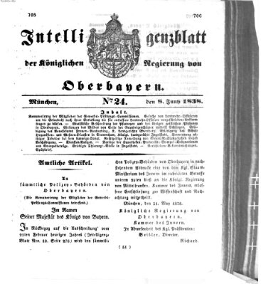 Intelligenzblatt der Königlich Bayerischen Regierung von Oberbayern (Münchner Intelligenzblatt) Freitag 8. Juni 1838