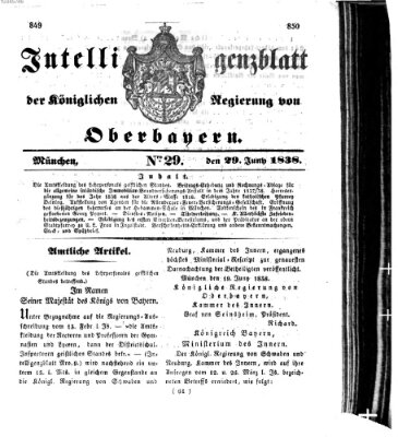 Intelligenzblatt der Königlich Bayerischen Regierung von Oberbayern (Münchner Intelligenzblatt) Freitag 29. Juni 1838