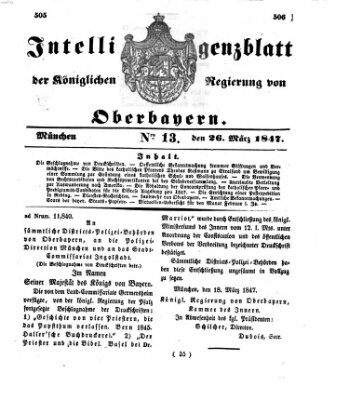 Intelligenzblatt der Königlichen Regierung von Oberbayern (Münchner Intelligenzblatt) Freitag 26. März 1847