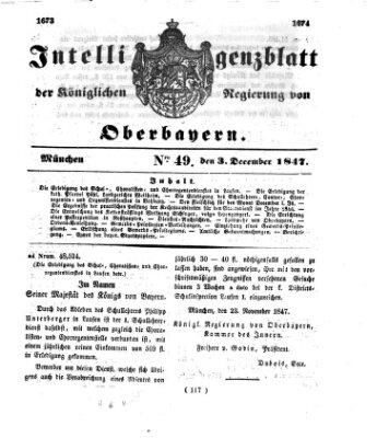 Intelligenzblatt der Königlichen Regierung von Oberbayern (Münchner Intelligenzblatt) Freitag 3. Dezember 1847