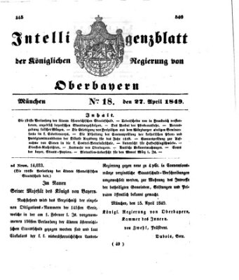 Intelligenzblatt der Königlichen Regierung von Oberbayern (Münchner Intelligenzblatt) Freitag 27. April 1849