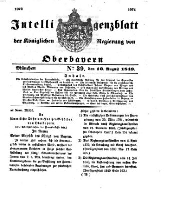 Intelligenzblatt der Königlichen Regierung von Oberbayern (Münchner Intelligenzblatt) Freitag 10. August 1849