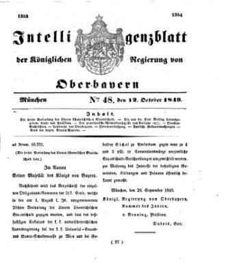 Intelligenzblatt der Königlichen Regierung von Oberbayern (Münchner Intelligenzblatt) Freitag 12. Oktober 1849