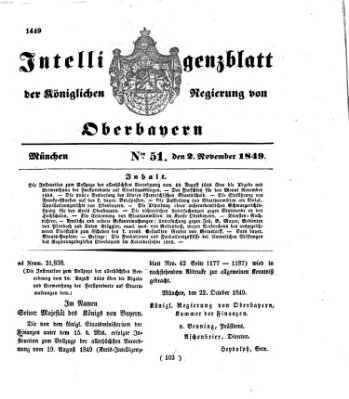Intelligenzblatt der Königlichen Regierung von Oberbayern (Münchner Intelligenzblatt) Freitag 2. November 1849