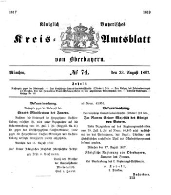 Königlich-bayerisches Kreis-Amtsblatt von Oberbayern (Münchner Intelligenzblatt) Freitag 23. August 1867