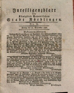 Intelligenzblatt der Königlich Bayerischen Stadt Nördlingen Freitag 22. September 1826