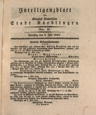 Intelligenzblatt der Königlich Bayerischen Stadt Nördlingen Dienstag 8. Juli 1834