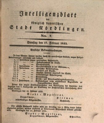 Intelligenzblatt der Königlich Bayerischen Stadt Nördlingen Dienstag 17. Februar 1835