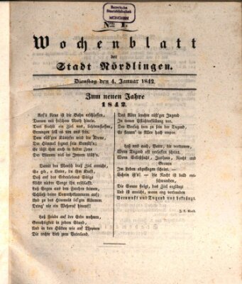 Wochenblatt der Stadt Nördlingen (Intelligenzblatt der Königlich Bayerischen Stadt Nördlingen) Dienstag 4. Januar 1842