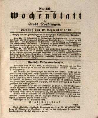 Wochenblatt der Stadt Nördlingen (Intelligenzblatt der Königlich Bayerischen Stadt Nördlingen) Dienstag 19. September 1848