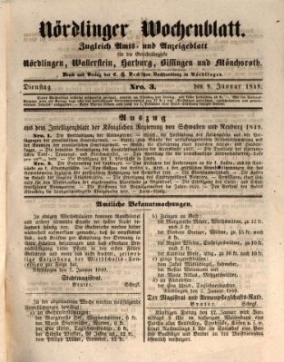 Nördlinger Wochenblatt (Intelligenzblatt der Königlich Bayerischen Stadt Nördlingen) Dienstag 9. Januar 1849