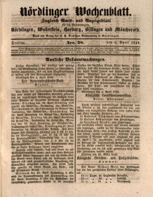 Nördlinger Wochenblatt (Intelligenzblatt der Königlich Bayerischen Stadt Nördlingen) Freitag 6. April 1849