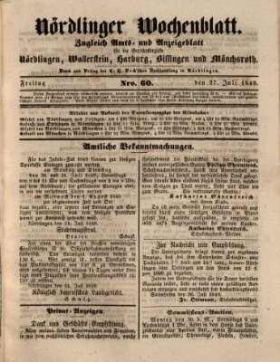 Nördlinger Wochenblatt (Intelligenzblatt der Königlich Bayerischen Stadt Nördlingen) Freitag 27. Juli 1849
