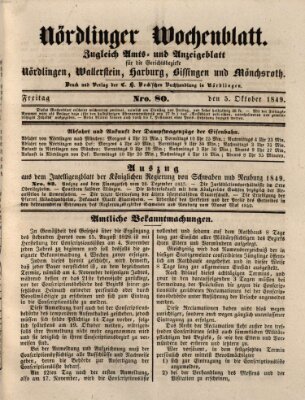 Nördlinger Wochenblatt (Intelligenzblatt der Königlich Bayerischen Stadt Nördlingen) Freitag 5. Oktober 1849