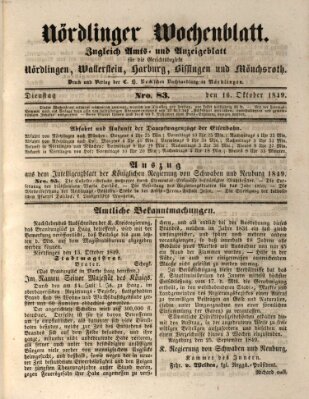 Nördlinger Wochenblatt (Intelligenzblatt der Königlich Bayerischen Stadt Nördlingen) Dienstag 16. Oktober 1849