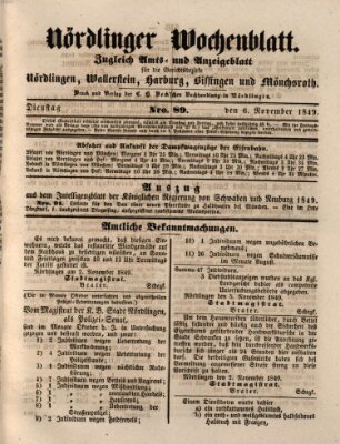 Nördlinger Wochenblatt (Intelligenzblatt der Königlich Bayerischen Stadt Nördlingen) Dienstag 6. November 1849