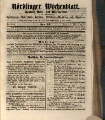Nördlinger Wochenblatt (Intelligenzblatt der Königlich Bayerischen Stadt Nördlingen) Freitag 22. März 1850