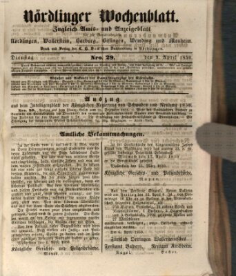Nördlinger Wochenblatt (Intelligenzblatt der Königlich Bayerischen Stadt Nördlingen) Dienstag 9. April 1850