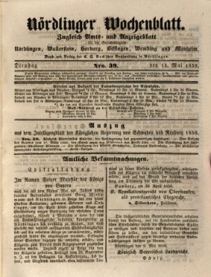 Nördlinger Wochenblatt (Intelligenzblatt der Königlich Bayerischen Stadt Nördlingen) Dienstag 14. Mai 1850