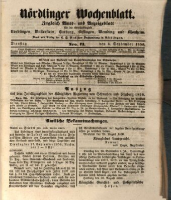Nördlinger Wochenblatt (Intelligenzblatt der Königlich Bayerischen Stadt Nördlingen) Dienstag 3. September 1850