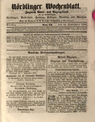 Nördlinger Wochenblatt (Intelligenzblatt der Königlich Bayerischen Stadt Nördlingen) Dienstag 10. September 1850