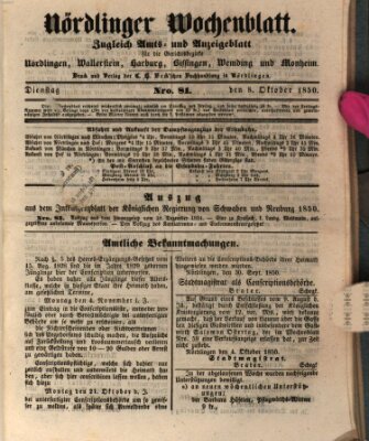 Nördlinger Wochenblatt (Intelligenzblatt der Königlich Bayerischen Stadt Nördlingen) Dienstag 8. Oktober 1850