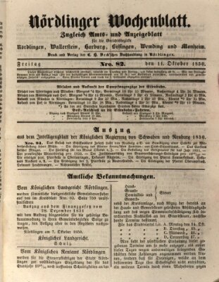 Nördlinger Wochenblatt (Intelligenzblatt der Königlich Bayerischen Stadt Nördlingen) Freitag 11. Oktober 1850