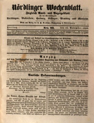 Nördlinger Wochenblatt (Intelligenzblatt der Königlich Bayerischen Stadt Nördlingen) Freitag 15. November 1850