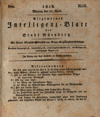 Allgemeines Intelligenz-Blatt der Stadt Nürnberg Montag 27. April 1818