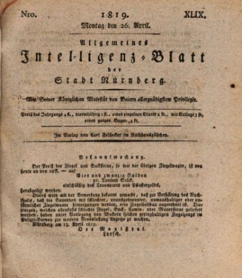 Allgemeines Intelligenz-Blatt der Stadt Nürnberg Montag 26. April 1819