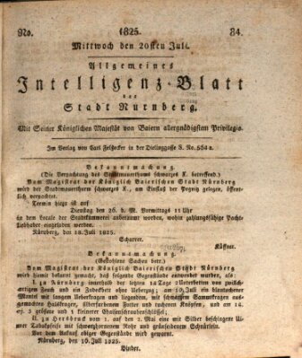 Allgemeines Intelligenz-Blatt der Stadt Nürnberg Mittwoch 20. Juli 1825