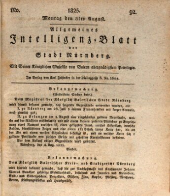 Allgemeines Intelligenz-Blatt der Stadt Nürnberg Montag 8. August 1825